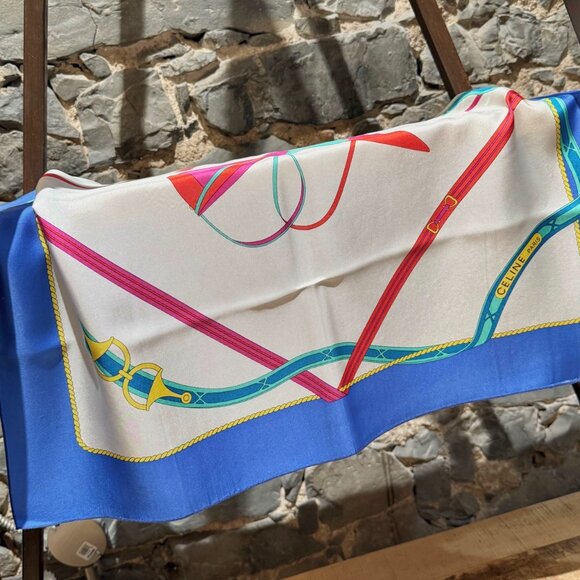 Celine Vintage Ivory Blue Hat Print Silk Square Scarf - Picture 4 of 9